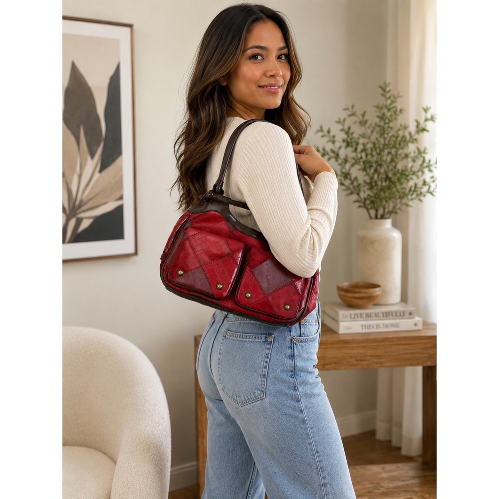 Isaac Mizrahi Red Patchwork Leather Suede Shoulder Bag Croc Embossed Satchel